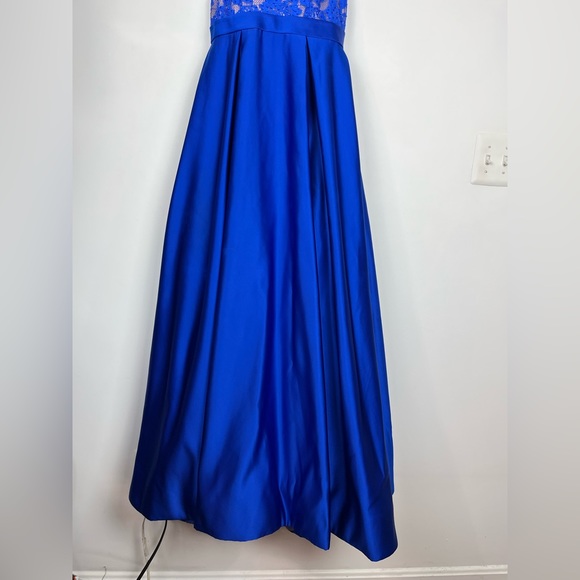 Jovani Blue Lace High Neck Lace Bodice Satin Long Dress Corset Back - Picture 3 of 16